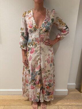 Zimmermann Cream Floral Print Long Sleeve Linen Maxi Dress 2 AU/ 8 US